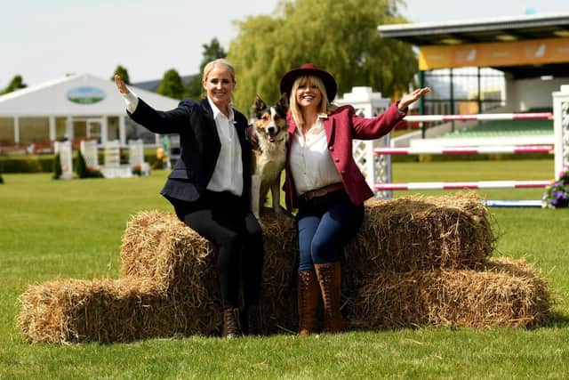 Presenter Christine Talbot (right) and Singer Lizzie Jones (left) with Moss the border Collie in the Main Ring at the Great Yorkshire Show