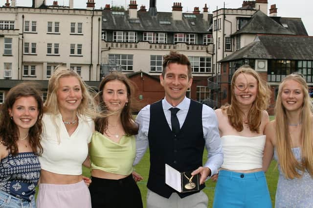 Harrogate Ladies’ College students with Olympic swimmer Chris Cook.