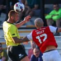 Harrogate Town defender Joe Mattock beats former team-mate Georgie Kelly to a header during Tuesday night's pre-season defeat to Rotherham United. Pictures: Matt Kirkham