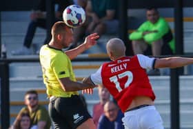 Harrogate Town defender Joe Mattock beats former team-mate Georgie Kelly to a header during Tuesday night's pre-season defeat to Rotherham United. Pictures: Matt Kirkham