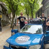 Pausing in Harrogate during 1,500 mile drive - The ‘Kiwis Don’t Fly Rally Team’ is made up of Daniel Patton (22), Joe Fisher (23), and Callum Kitson (22).