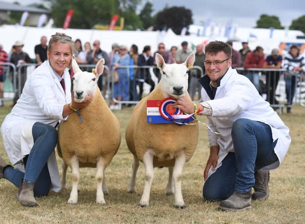 Mary Stones and Jack Brittain with their North Country Cheviot’s owned by Keith Stones of Nuncote Nook Farm who were crowned champions of the Non Accredited Sheep Pairs