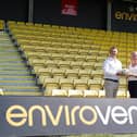 Andy Makin, managing director of EnviroVent, left, at Harrogate Town's Wetherby Road ground with the club's commercial director, Joanne Towler. Picture: Harrogate Town AFC