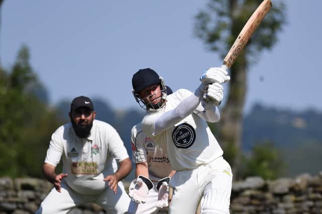 Adam Copeland hits out on his way to a score of 95 during Darley CC's Theaskton Nidderdale League Division One victory over Blubberhouses. Pictures: Gerard Binks