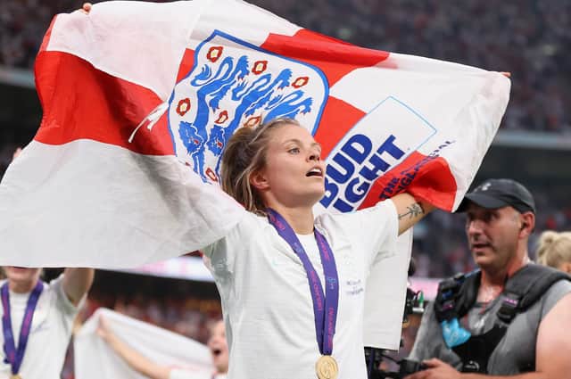 Harrogate's Rachel Daly celebrates at Wembley Stadium following England's 2-1 victory over Germany in the Women's Euro 2022 final. Pictures: Getty Images