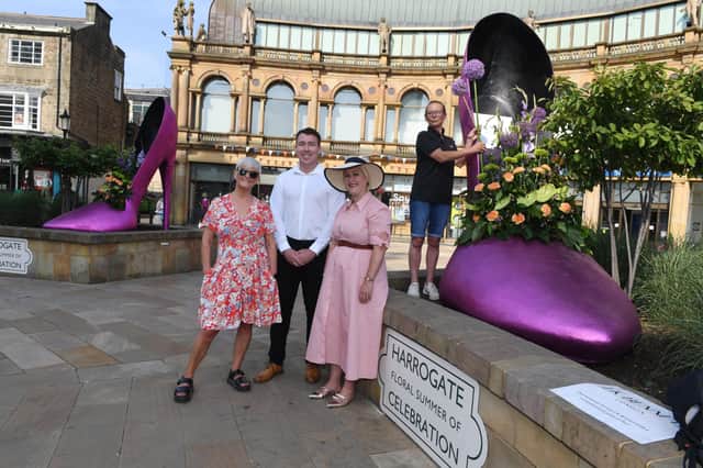 18th July 2022
Harrogate BID launch 'Floral Summer of Celebration'
Pictured at Get Your Heels on, Victoria Shopping Centre from left Jo Caswell, Project Lead, Matt Chapman Harrogate BID, Gemma McNamara of LK Bennett and Ruth Fisher of Blamey's Florist
Picture Gerard Binks