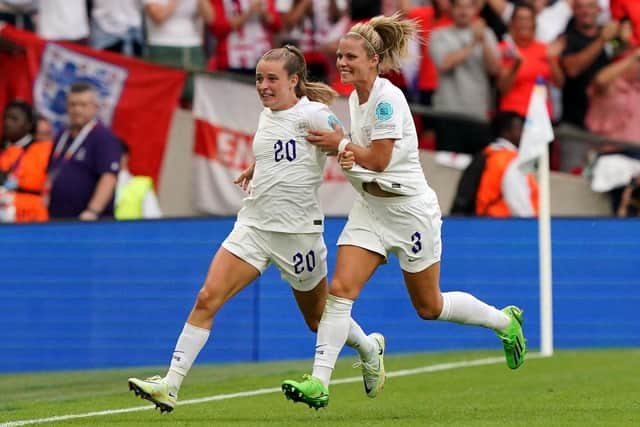 Rachel Daly celebrating with Ella Toone after scoring England's first goal of the game during the UEFA Women's Euro 2022 final at Wembley Stadium