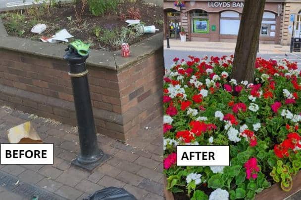 A photo of the Cambridge Street planter before and after Harrogate Borough Council stepped in. (Photo courtesy of Harrogate Borough Council)