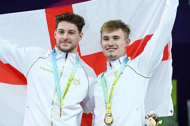 Anthony Harding, left, and Jack Laugher of Team England pose with their medals after the Men's Synchronised 3m Springboard final at Sandwell Aquatics Centre.  Pictures: Getty Images