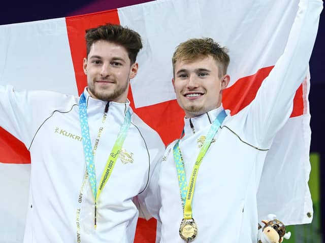 Anthony Harding, left, and Jack Laugher of Team England pose with their medals after the Men's Synchronised 3m Springboard final at Sandwell Aquatics Centre.  Pictures: Getty Images
