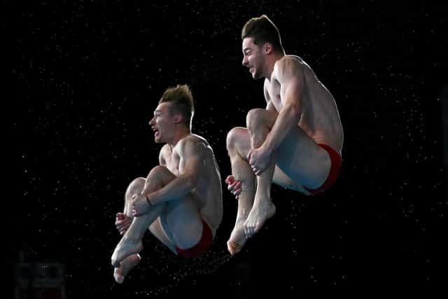 Jack Laugher, left, and Anthony Harding in action during the Men's Synchronised 3m Springboard final.