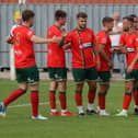 Harrogate Railway's players celebrate one of their five goals against Swallownest at the weekend. Picture: Craig Dinsdale