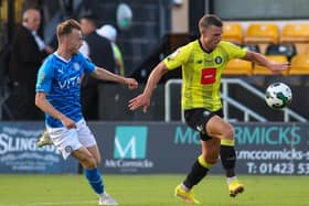 Jack Muldoon in action for Harrogate Town during Tuesday night's 1-0 home defeat to Stockport County. Picture: Matt Kirkham