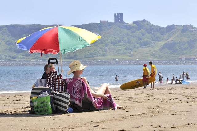Taking colourful cover from the hot sun in Scarborough's North Bay. 
The Met Office is warning people vulnerable to extreme heat that they are likely to experience 'adverse health effects' while 'some changes in working practices and daily routines' are likely to be required, according to the forecaster