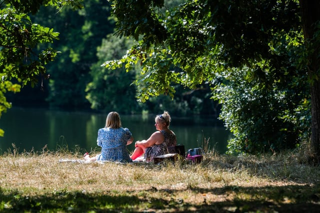 Helen Lord, of Wakefield, with friend Suzanne Newlove, of Leeds, sitting under the trees during the midday sun whilst in Roundhay Park, Leeds