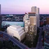 A visualisation of the proposed Leeds events venue and student accommodation blocks.