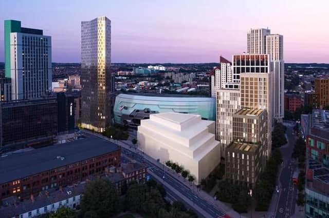 A visualisation of the proposed Leeds events venue and student accommodation blocks.