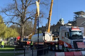 Heavy lifting - The giant cranes outside the Royal Hall today as dismantling of the NHS Nightingale hospital in Harrogate is stepped up a gear.
