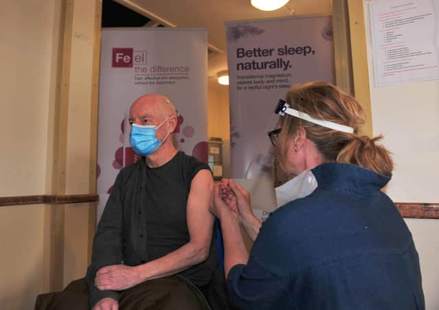 10th April 2021Pateley Bridge Covid-19 Vaccination Centre.Pictured Paul Keen from Harrogate gets his jab on the opening day for the Vacination centre at Pateley Bridge at the Memorial Hall.Picture Gerard Binks