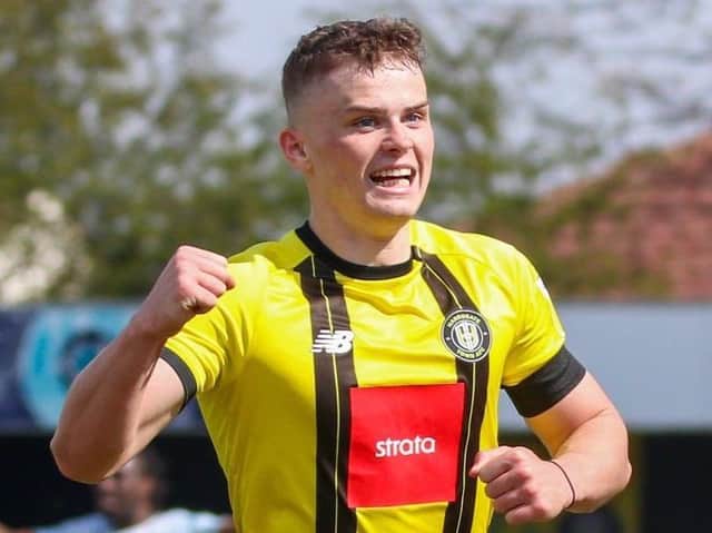Harrogate Town winger Josh McPake celebrates his later winner against Bradford City. Pictures: Matt Kirkham