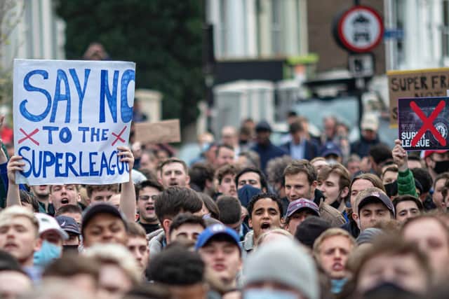 Chelsea supporters protest against the prospect of their club joining the European Super League.