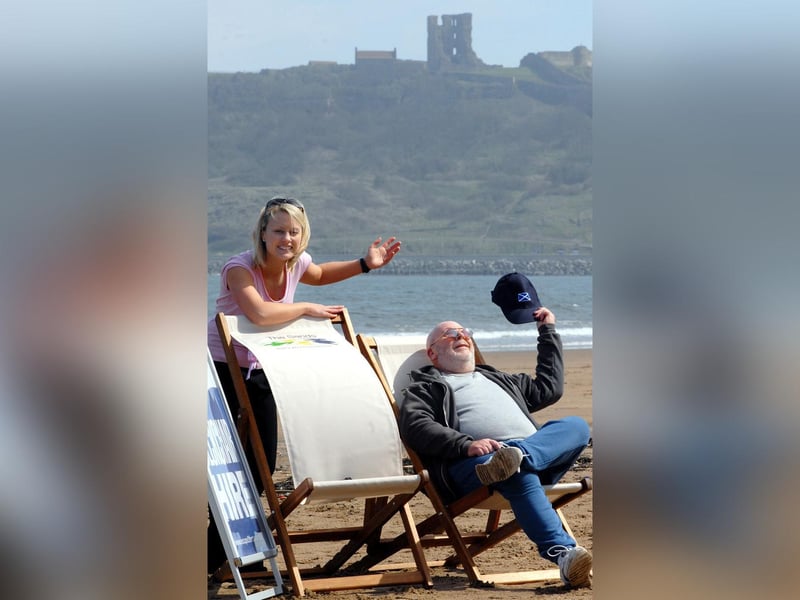 Promoting new deck chairs on North Bay, Rachel Dean is pictured with customer Ian Wylie.