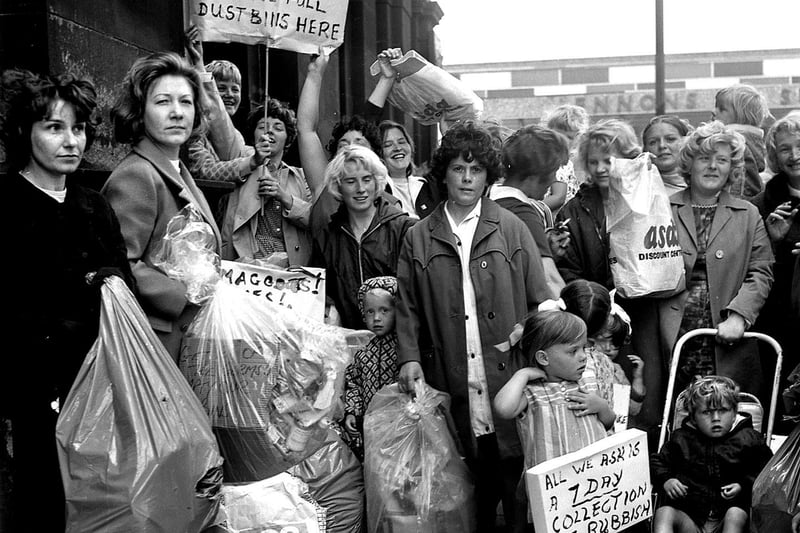 Wigan's housewives and mothers stage a protest at the town hall to lobby councillors regarding the limited refuse collections in the borough in 1970