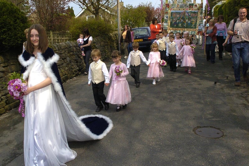 The May Queen Tara Hill in the parade at Glasshouses May Day Celebrations in 2005.