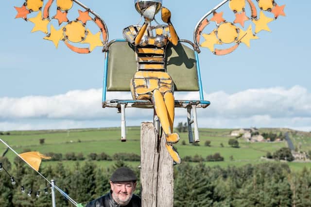 The angel, by Harrogate artist Steve Blaylock, was made out of parts of the old Maltese bus. John Manktelow Photography 2020