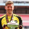 Harrogate Town striker Jon Stead at Wembley Stadium with the 2019/20 National League play-off final winners' trophy. Pictures: Matt Kirkham