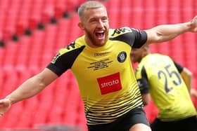 George Thomson celebrates after firing Harrogate Town into an early lead during August's 2019/20 National League play-off final triumph over at Notts County at Wembley Stadium. Picture: Getty Images