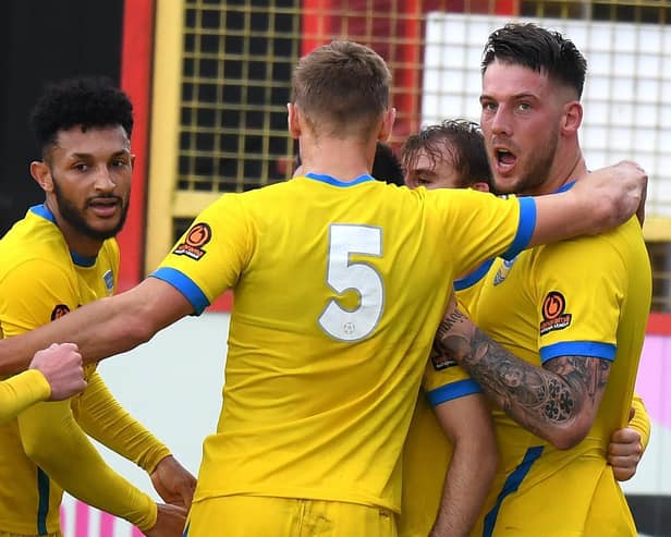 Concord Rangers players celebrate scoring against League Two Stevenage during November's FA Cup draw. Pictures: Getty Images