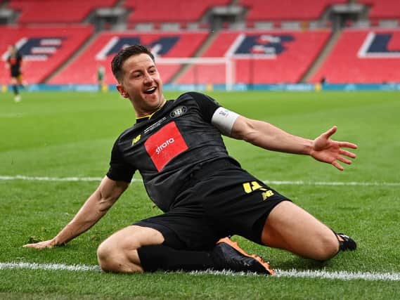 Jos Falkingham celebrates after firing Harrogate Town into lead against Concord Rangers in the final of the 2019/20 FA Trophy. Picture: Getty Images