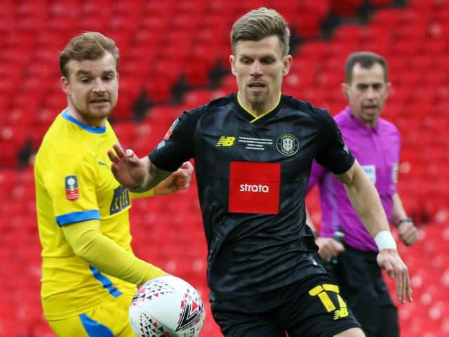 Lloyd Kerry keeps his eye on the ball during Harrogate Town's 1-0 win over Concord Rangers at Wembley. Pictures: Matt Kirkham