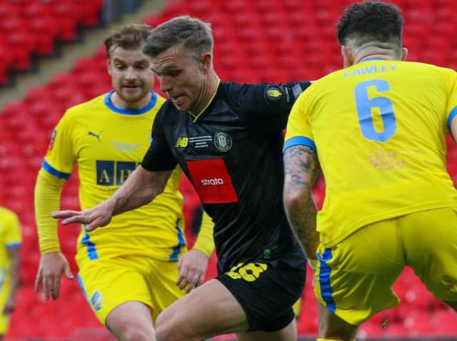 Harrogate Town striker Jack Muldoon in FA Trophy final action against Concord Rangers. Pictures: Matt Kirkham