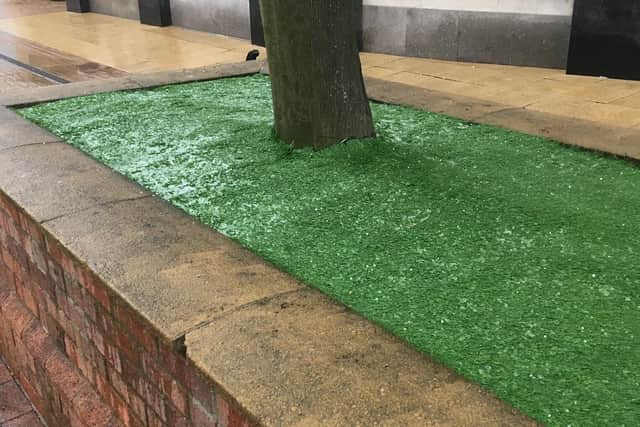 The artificial grass in raised flower beds on Cambridge Street.