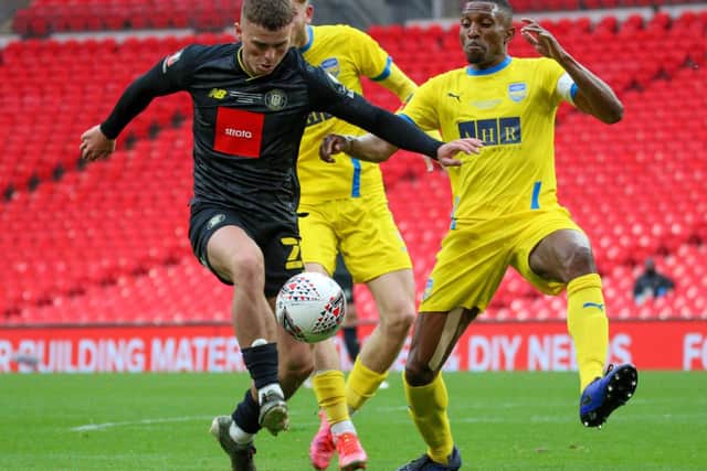 Josh McPake in action against Concord Rangers during the FA Trophy final at Wembley Stadium.