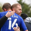 Jon Stead and Harrogate Town manager Simon Weaver embrace after the veteran striker was substituted at Cheltenham on what was the final appearance of his 19-year playing career. Picture: Matt Kirkham