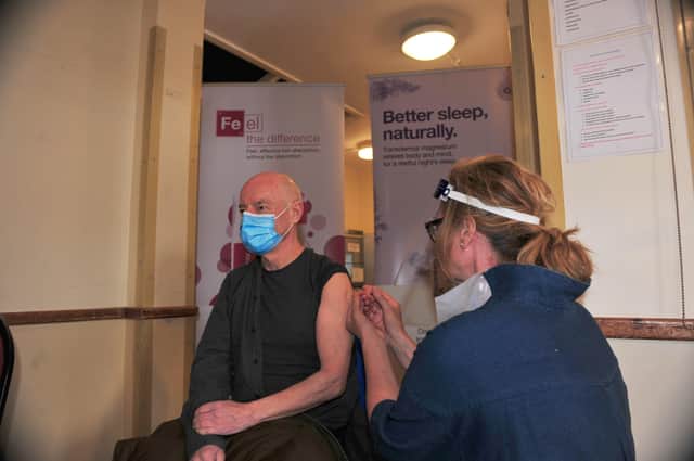 10th April 2021
Pateley Bridge Covid-19 Vaccination Centre.
Pictured Paul Keen from Harrogate gets his jab on the opening day for the Vacination centre at Pateley Bridge at the Memorial Hall.
Picture Gerard Binks