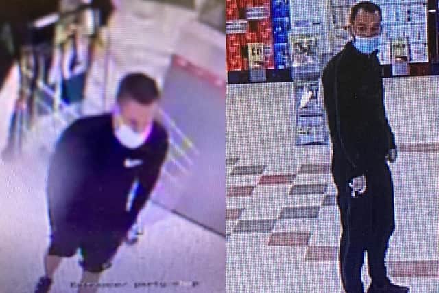 Police would like to speak to these two men in connection with the theft of £800 worth of champagne and spirits.