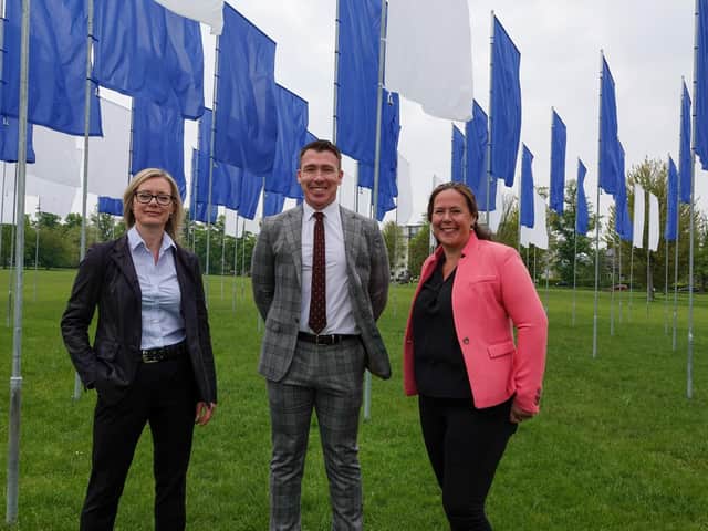 Art installation tribute to NHS on the Stray by artist Luke Jerram - Harrogate BID chair Sara Ferguson; Harrogate BID manager Matthew Chapman; and Harrogate International Festivals chief executive Sharon Canavar.
