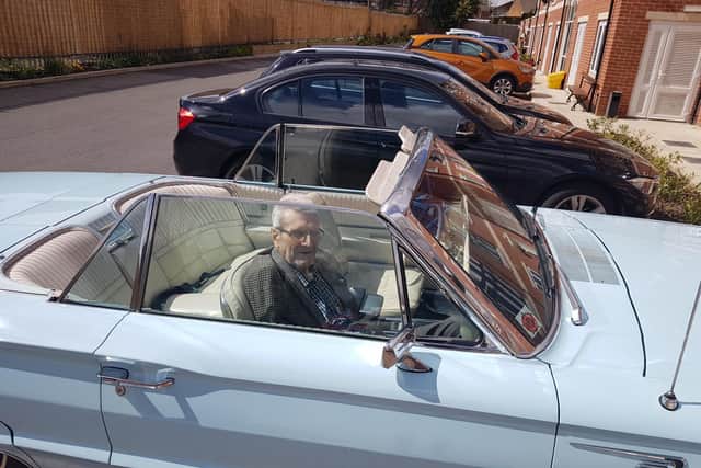Exciting moment - Former Harrogate Mayor Richard Whitfield, a resident at The Cuttings care home in Starbeck, sitting in the vintage Ford Thunderbird.
