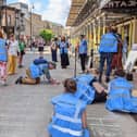 Saturday afternoon's 'happening' outside Harrogate Theatre with some of Our Gate's cast and crew.