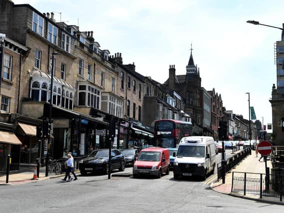 Car traffic on Parliament Street in Harrogate as it is now with a one-way system.