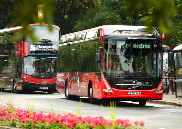 An all-electric, zero-emission Harrogate Electrics bus on The 36 service in Harrogate. As the UK marks Clean Air Day, The Harrogate Bus Company is fitting exhaust treatment equipment to existing buses and investing in new vehicles which are already fully compliant.