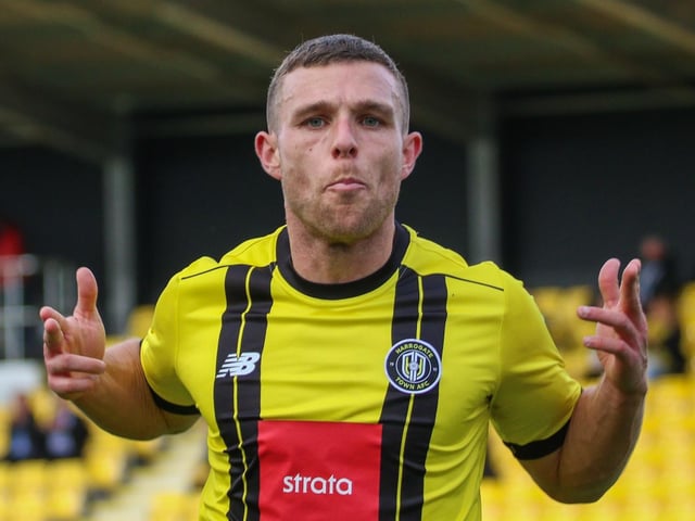 Jack Muldoon celebrates after scoring for Harrogate Town against Barrow. Picture: Matt Kirkham