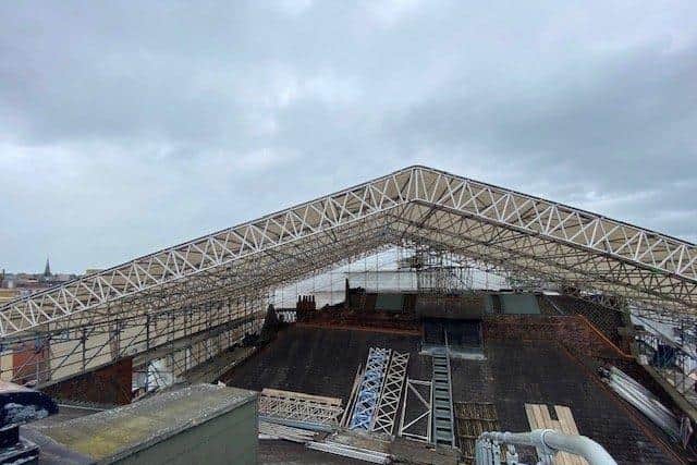 The spectacular view from the top of Harrogate Theatre of the temporary roof structure over the entire building.