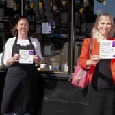 Supporting Disability Action Yorkshire - Harrogate BID Manager, Matthew Chapman; The Cheeseboard owner, Gemma Aykroyd; and Disability Action Yorkshire Chief Executive, Jackie Snape.