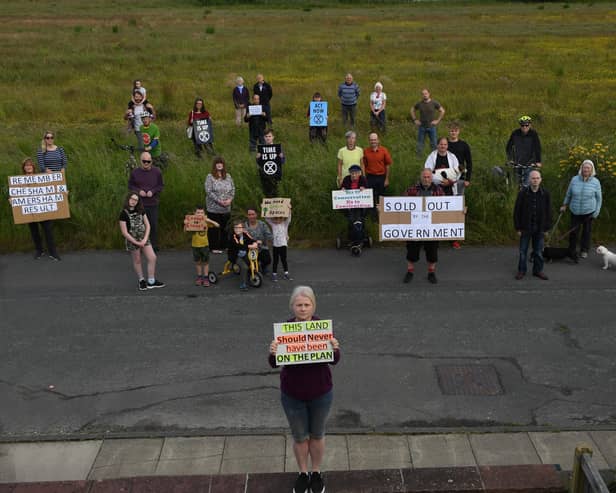 Kingsley protesters, including Catherine Maguire, front, gather at the planned site o the latest new housing development near Kingsley Drive in Harrogate. (Picture Gerard Binks)