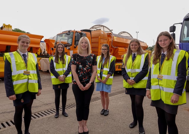 Beverley Shepherd, Econ Engineering’s Finance Director is pictured with the Ripon Grammar School Year 12 girl STEM subject pupils during the tour of the factory